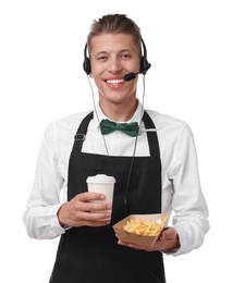 Photo of Fast-food worker holding paper container with fries and cup on white background