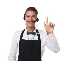 Photo of Portrait of smiling fast-food worker on white background