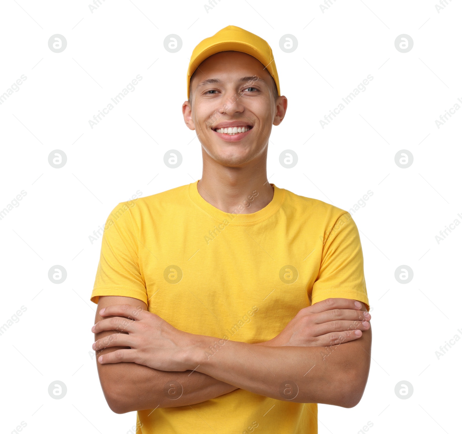 Photo of Portrait of smiling fast-food worker on white background