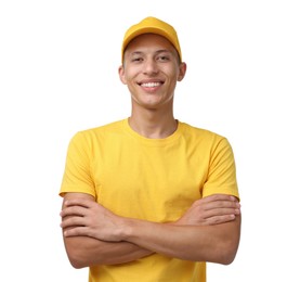 Photo of Portrait of smiling fast-food worker on white background