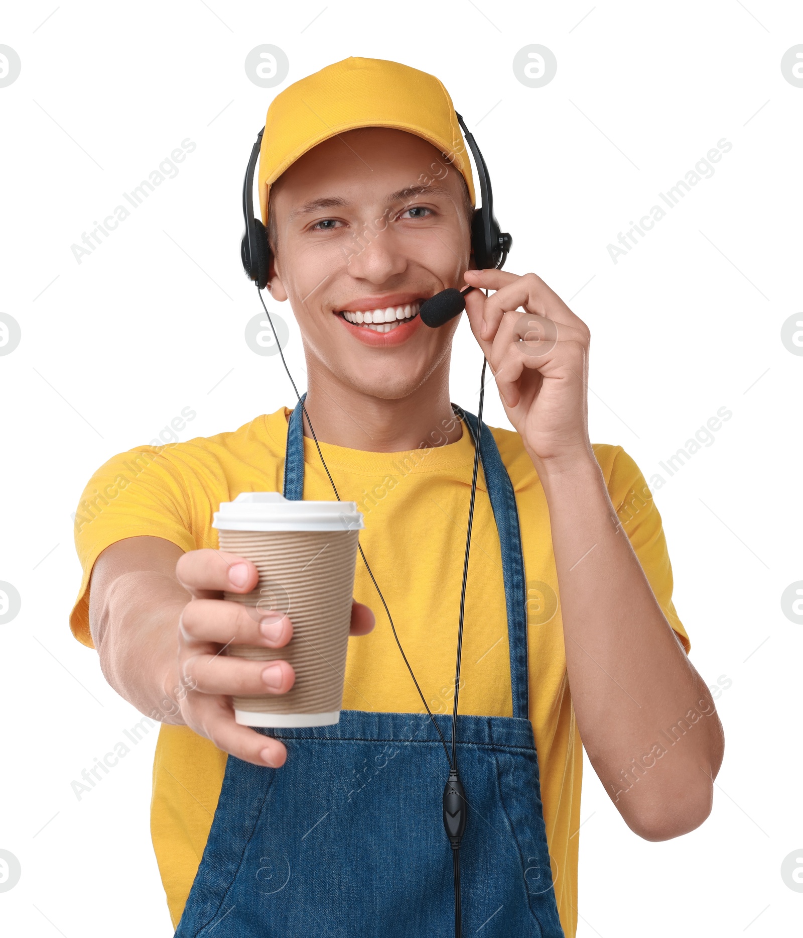 Photo of Fast-food worker with paper cup on white background