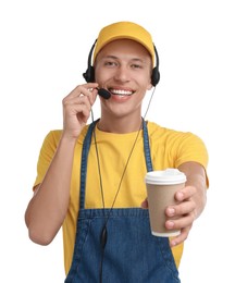 Photo of Fast-food worker with paper cup on white background