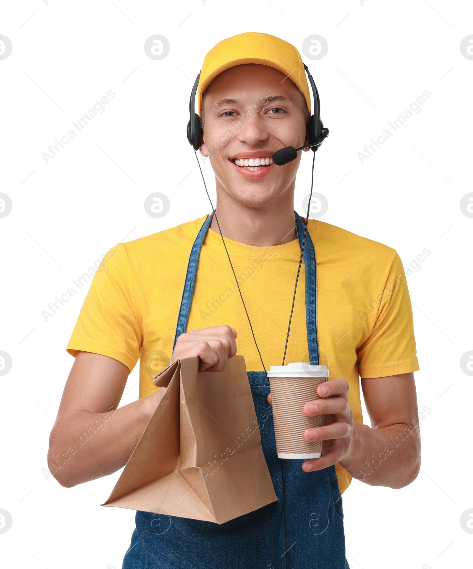 Photo of Fast-food worker with paper bag and cup on white background