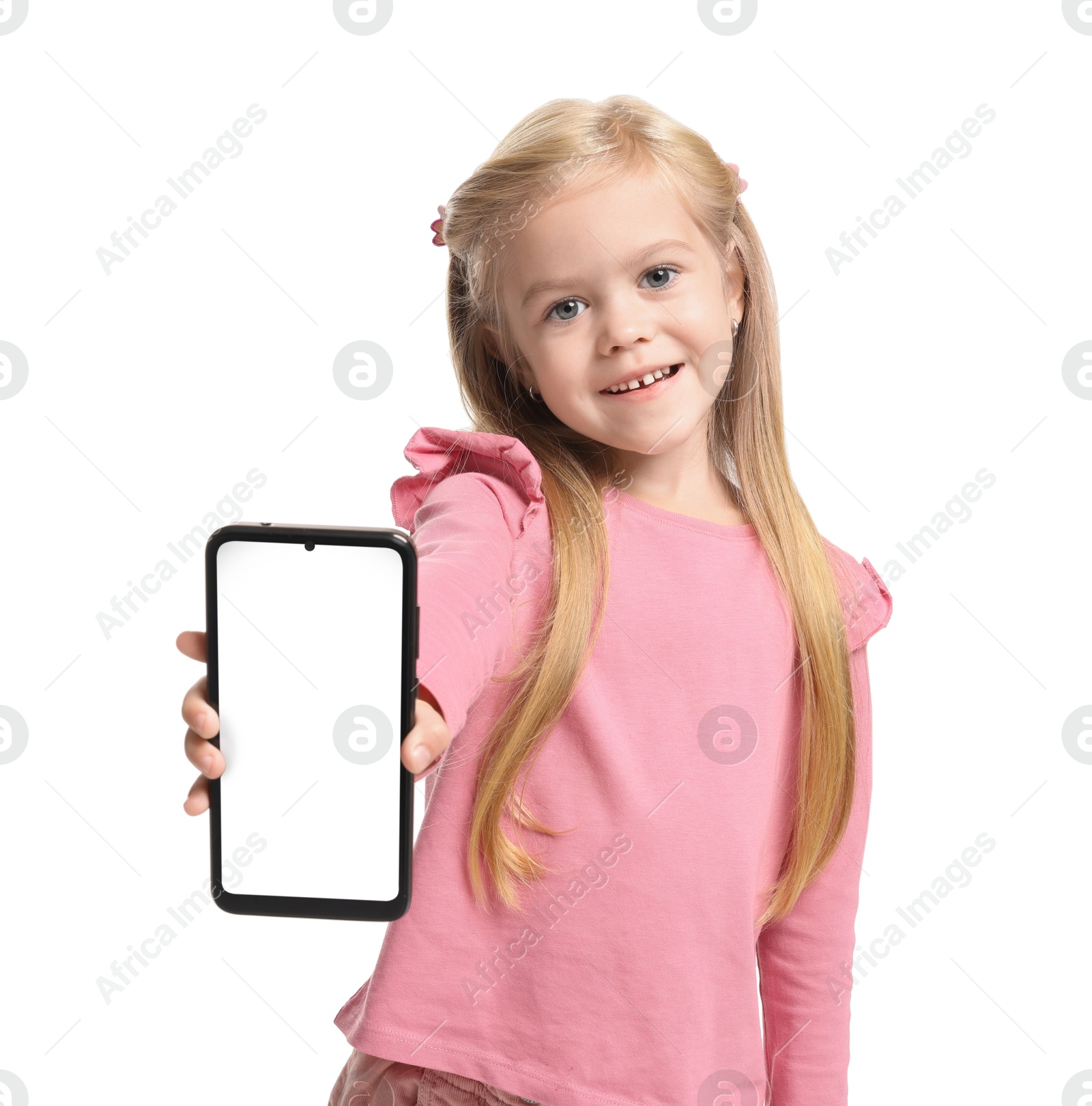 Photo of Cute little girl with smartphone on white background