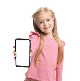 Photo of Cute little girl with smartphone on white background