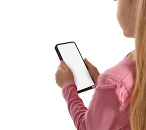 Photo of Little girl with smartphone on white background, closeup