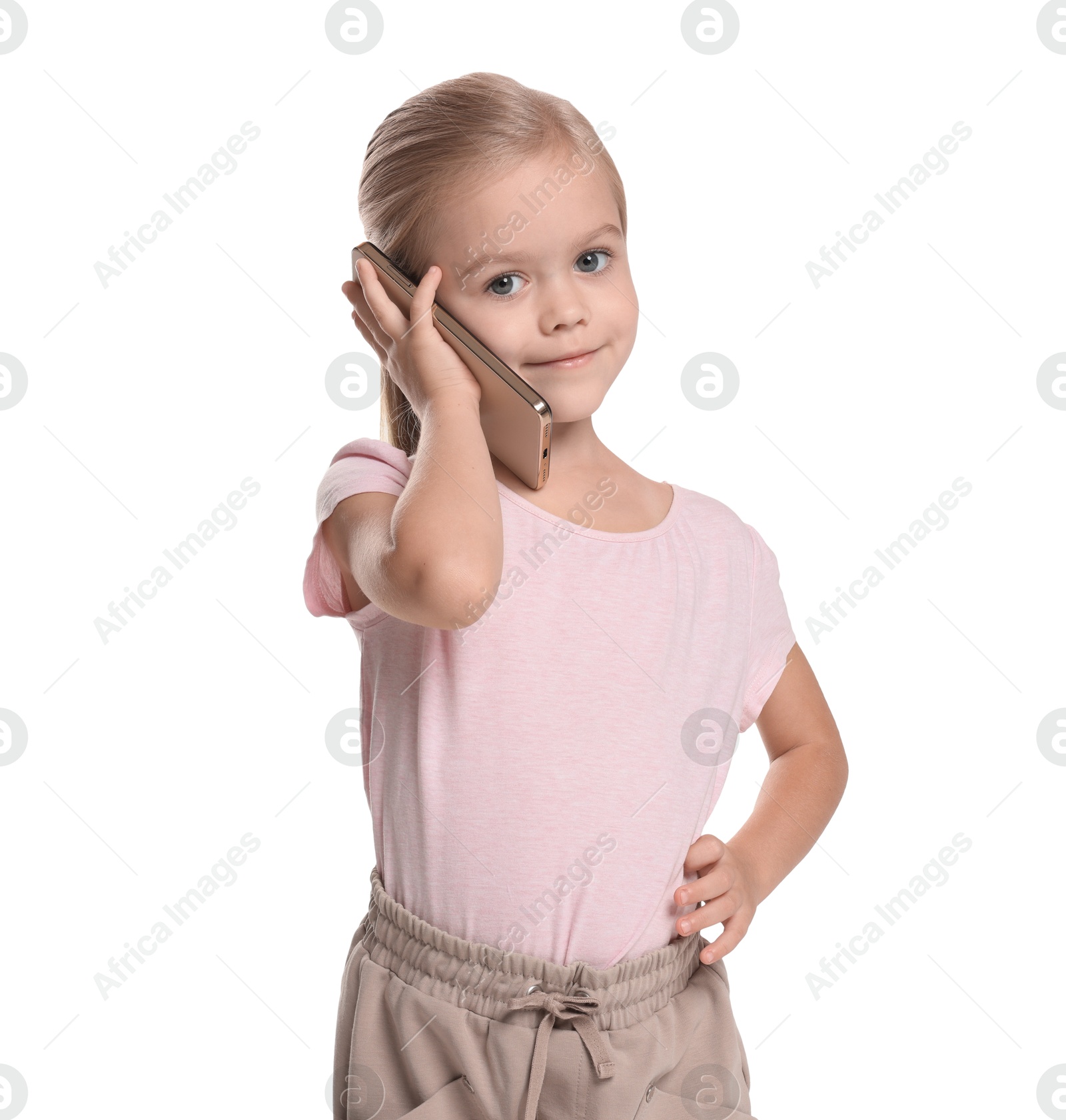 Photo of Cute little girl talking on smartphone against white background