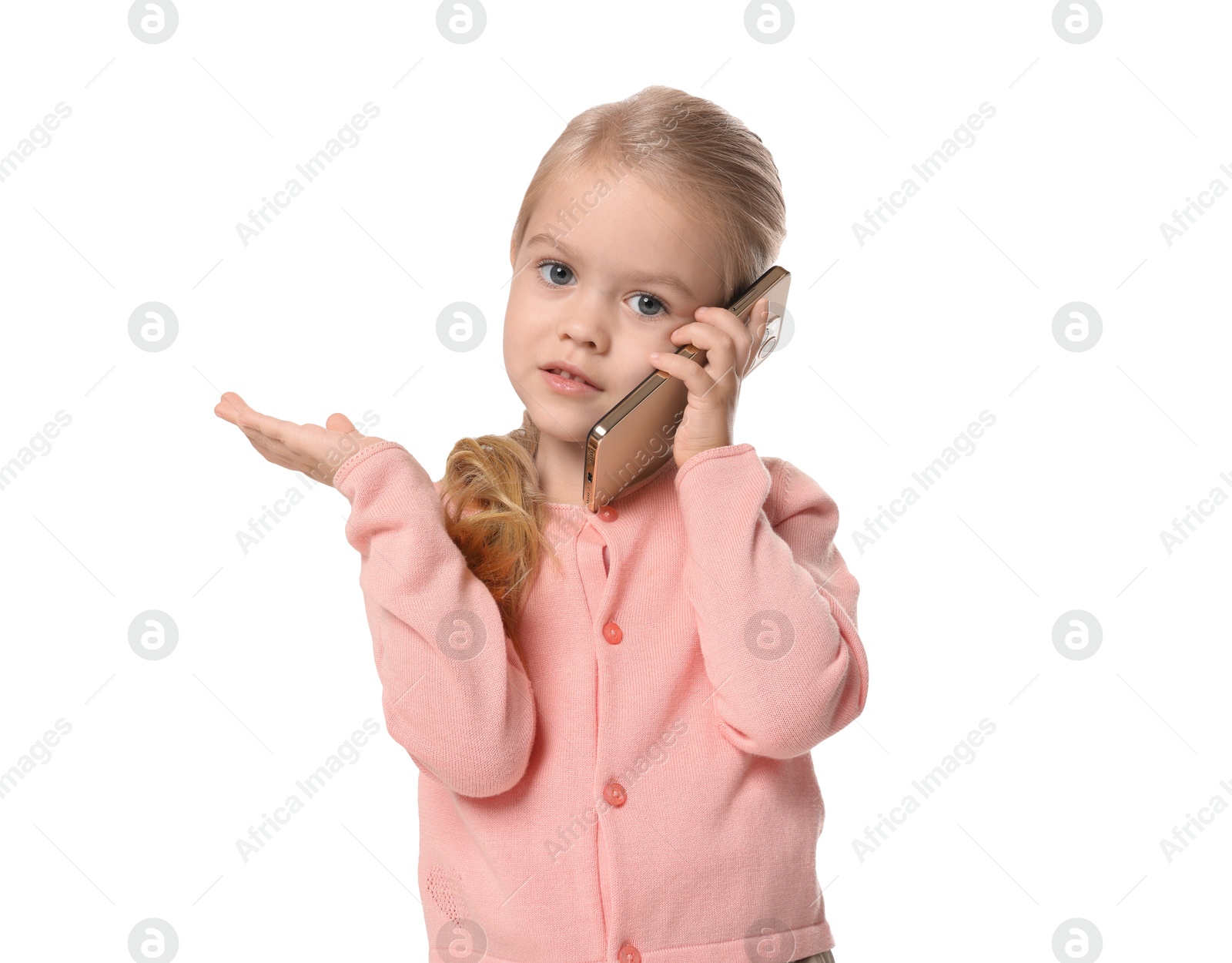 Photo of Cute little girl talking on smartphone against white background