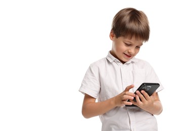 Photo of Cute little boy with smartphone on white background