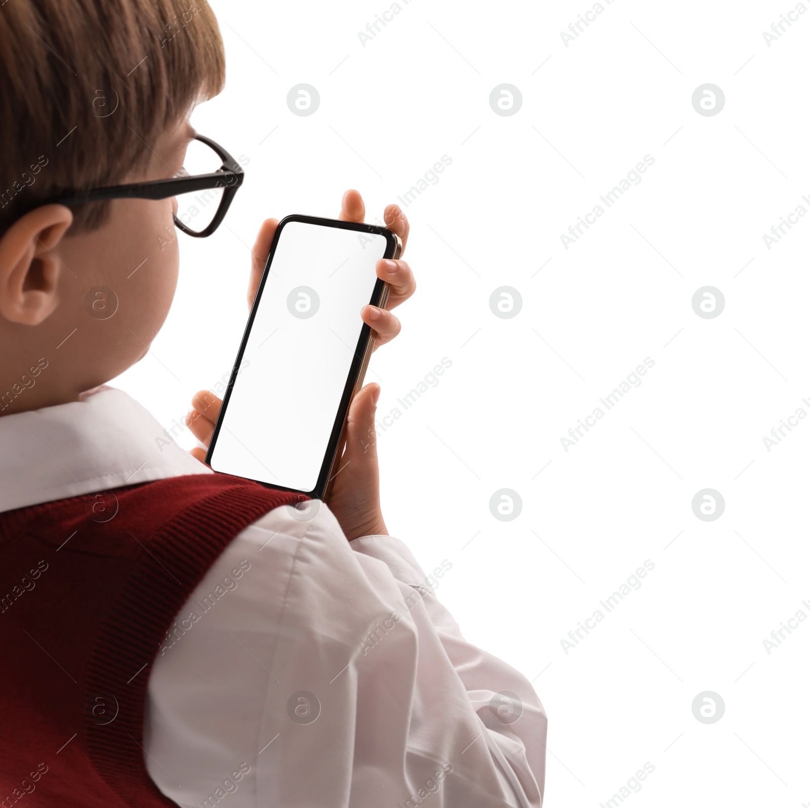 Photo of Little boy with smartphone on white background