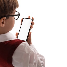 Photo of Little boy with smartphone on white background