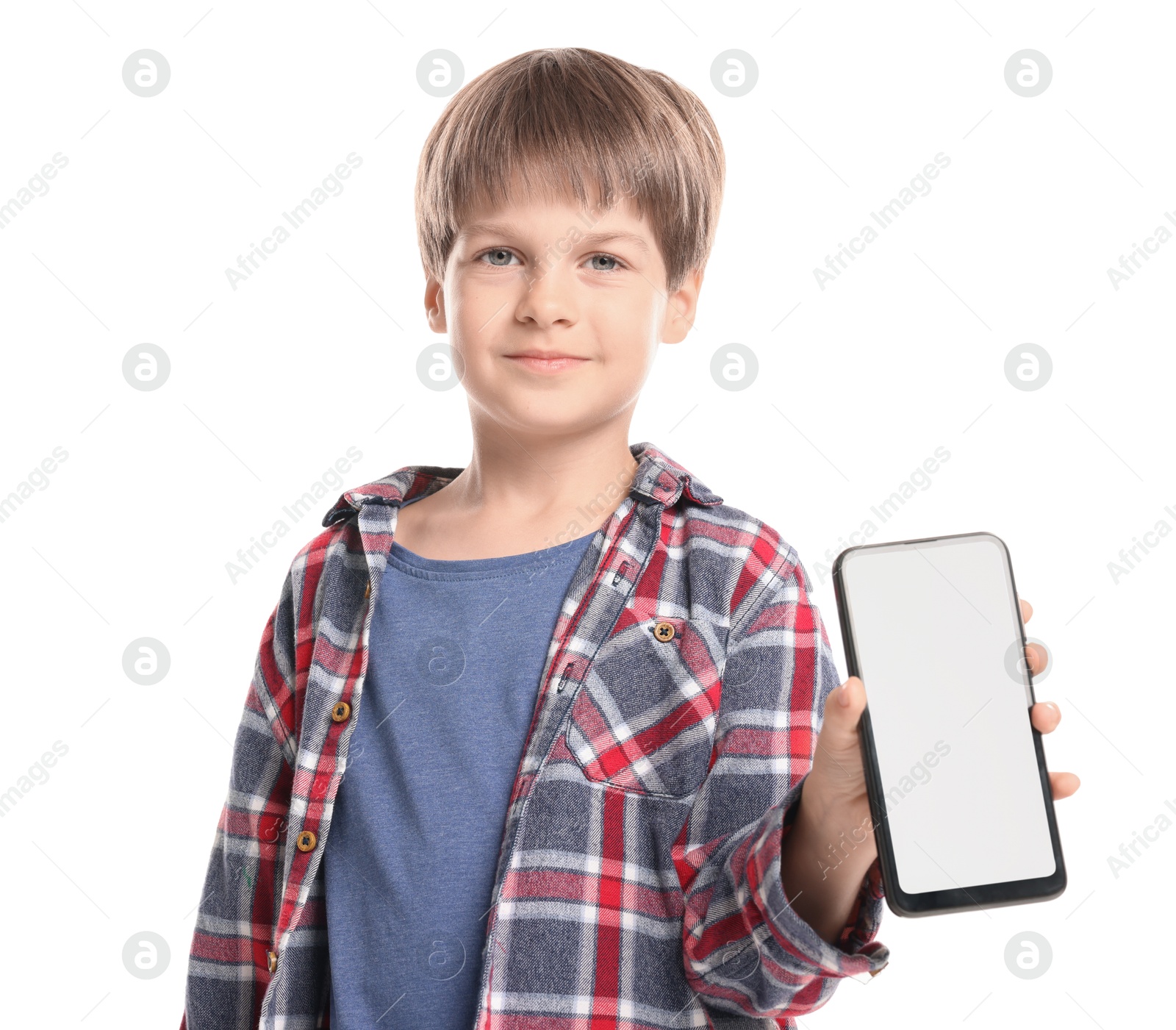 Photo of Cute little boy with smartphone on white background