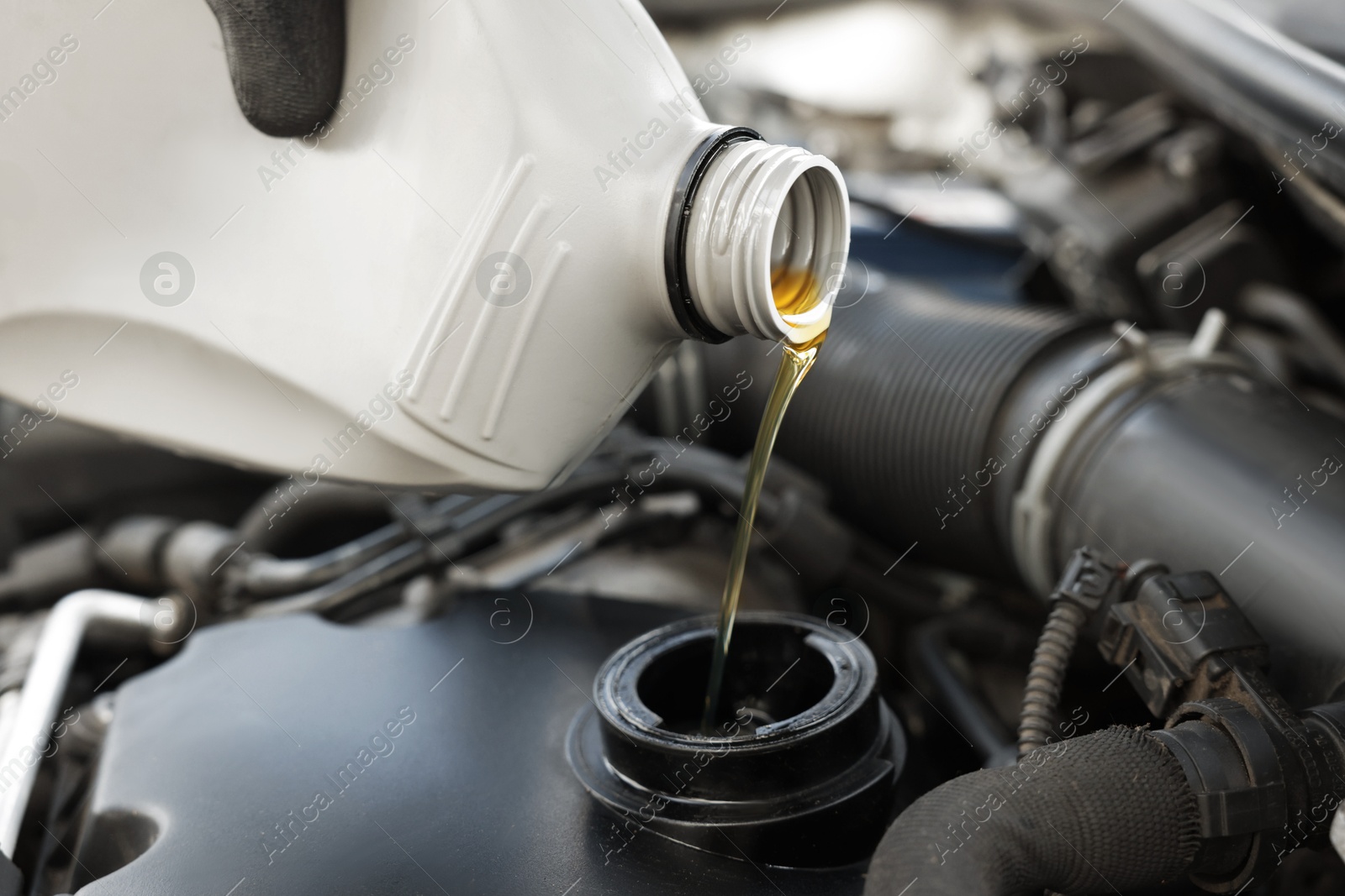 Photo of Man pouring motor oil into car engine, closeup