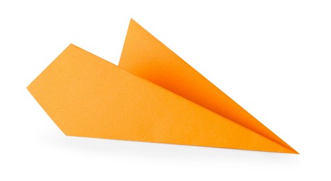 Photo of One handmade orange paper plane isolated on white