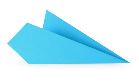 Photo of One handmade light blue paper plane isolated on white