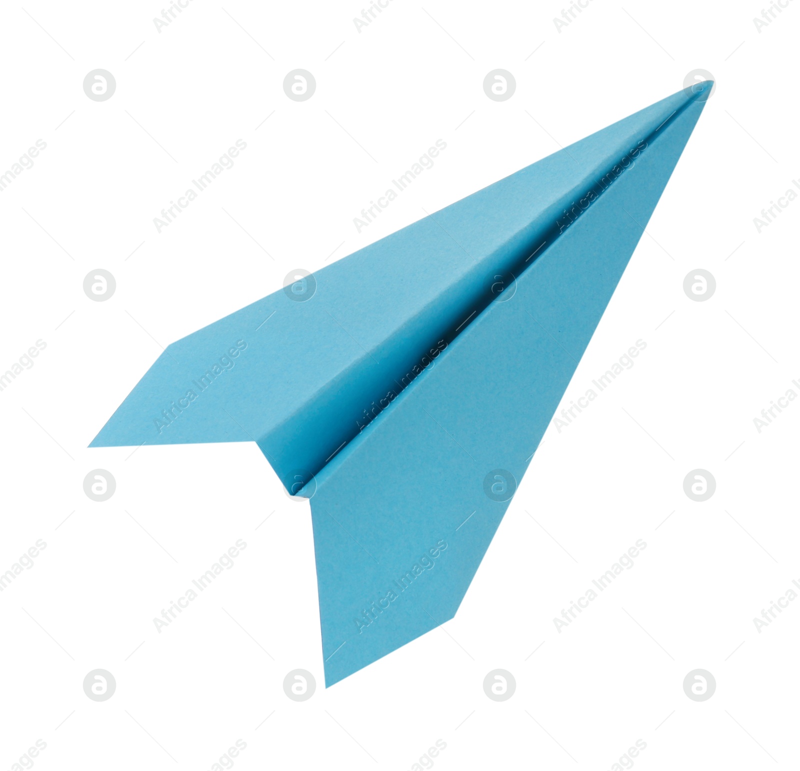 Photo of One handmade light blue paper plane isolated on white