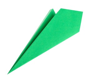 Photo of One handmade green paper plane isolated on white