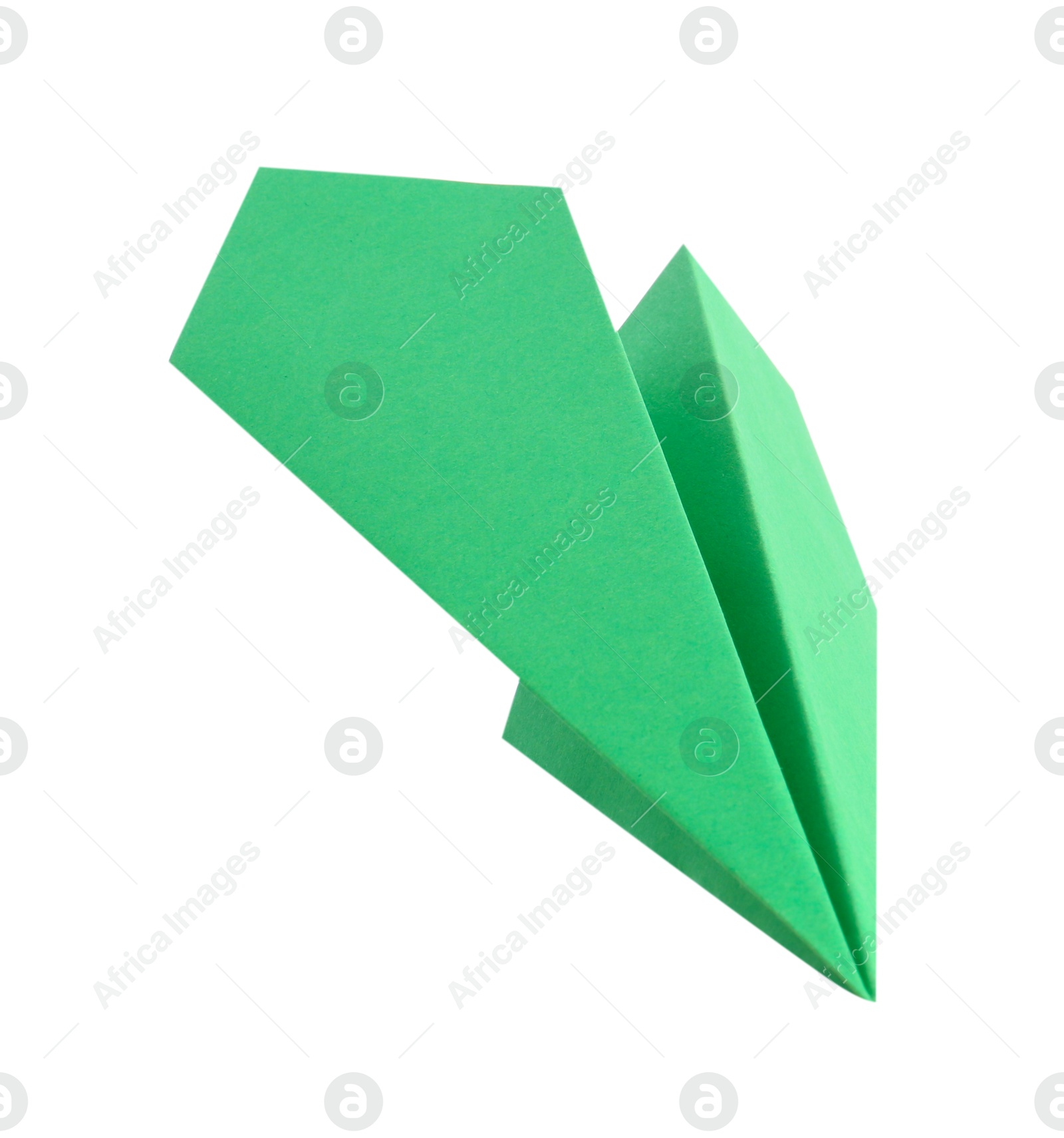 Photo of One handmade green paper plane isolated on white