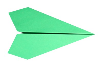 Photo of One handmade green paper plane isolated on white, top view