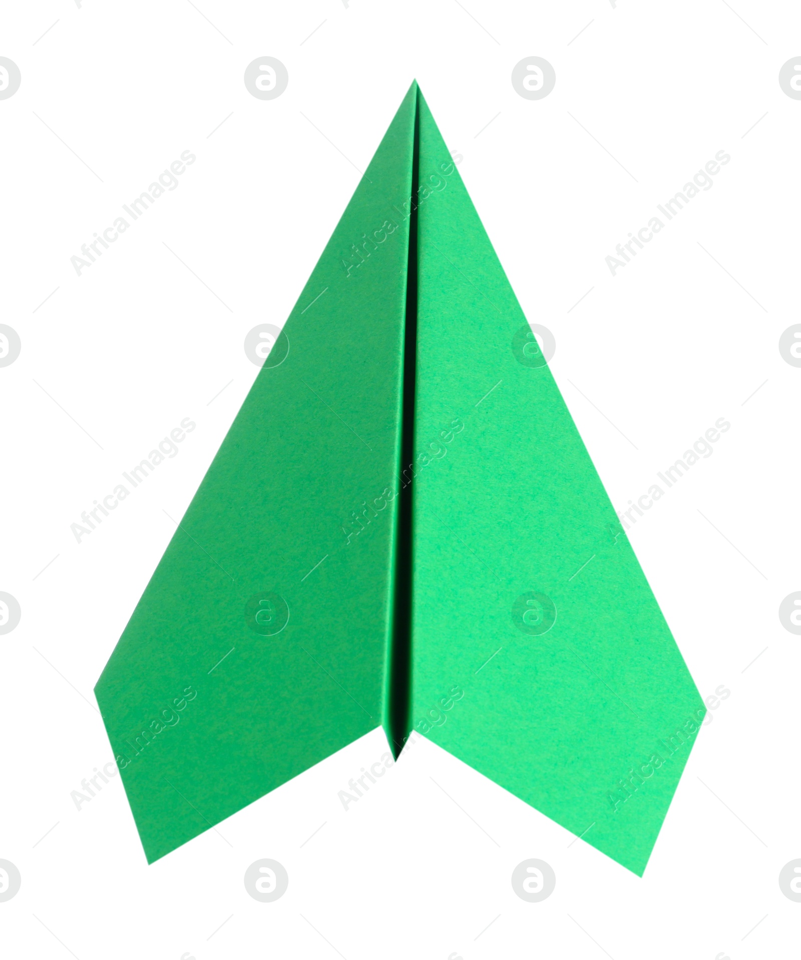 Photo of One handmade green paper plane isolated on white