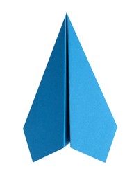 Photo of One handmade light blue paper plane isolated on white, top view