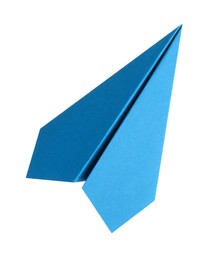 Photo of One handmade light blue paper plane isolated on white, top view