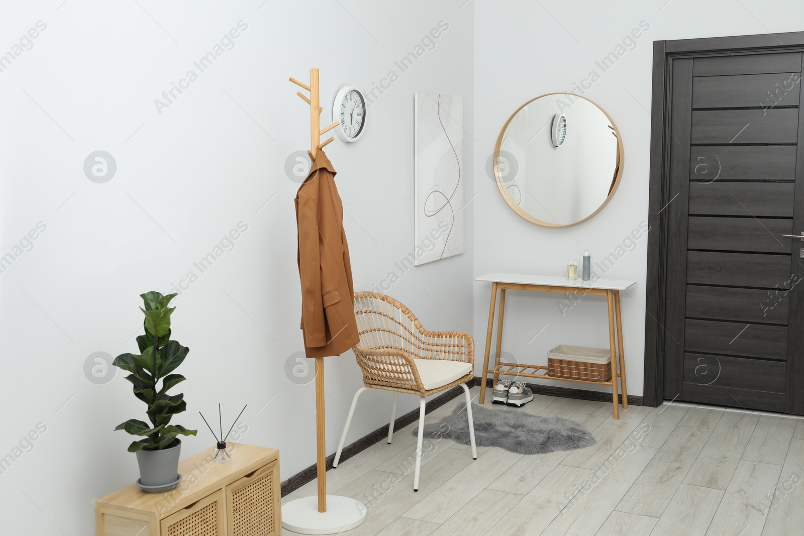 Photo of Clothing rack, mirror, houseplant and stylish furniture in hallway