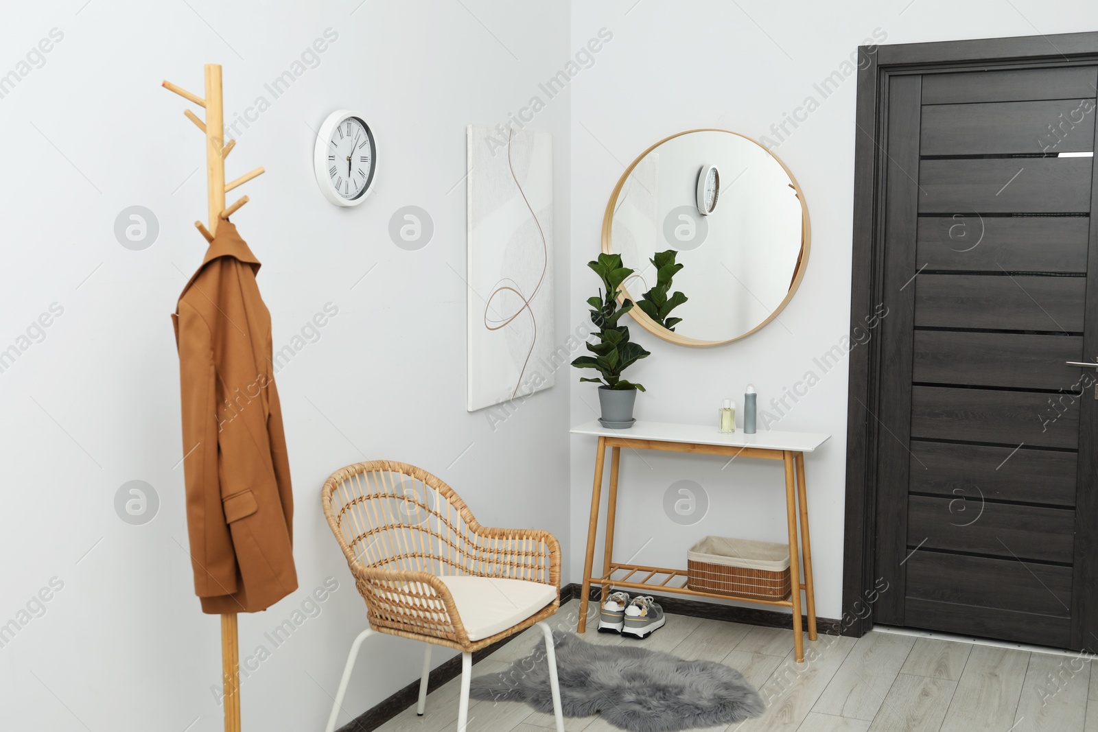 Photo of Clothing rack, mirror, houseplant and stylish furniture in hallway