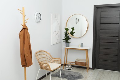 Photo of Clothing rack, mirror, houseplant and stylish furniture in hallway