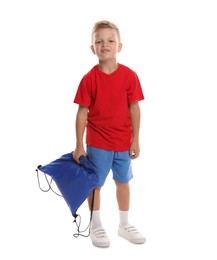 Photo of Little boy with sport's bag on white background