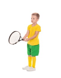 Photo of Little boy with tennis racket on white background