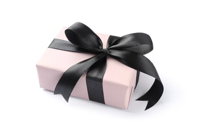 Photo of Beautiful gift box with black bow isolated on white