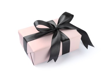 Photo of Beautiful gift box with black bow isolated on white