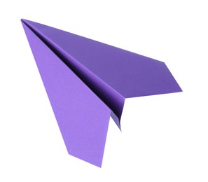 Photo of One handmade purple paper plane isolated on white