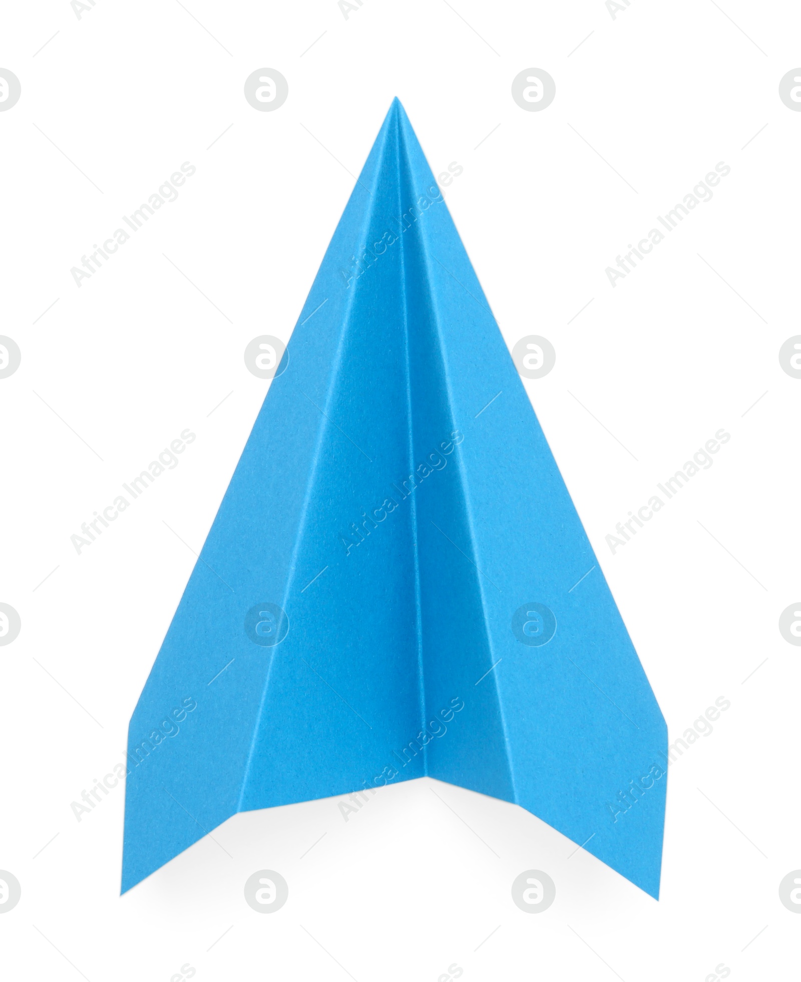 Photo of One handmade light blue paper plane isolated on white, top view