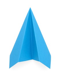 Photo of One handmade light blue paper plane isolated on white, top view