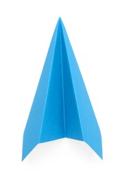 Photo of One handmade light blue paper plane isolated on white, top view