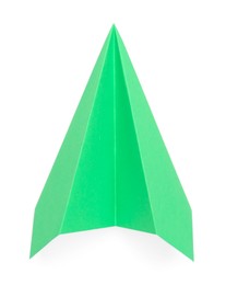 One handmade green paper plane isolated on white, top view