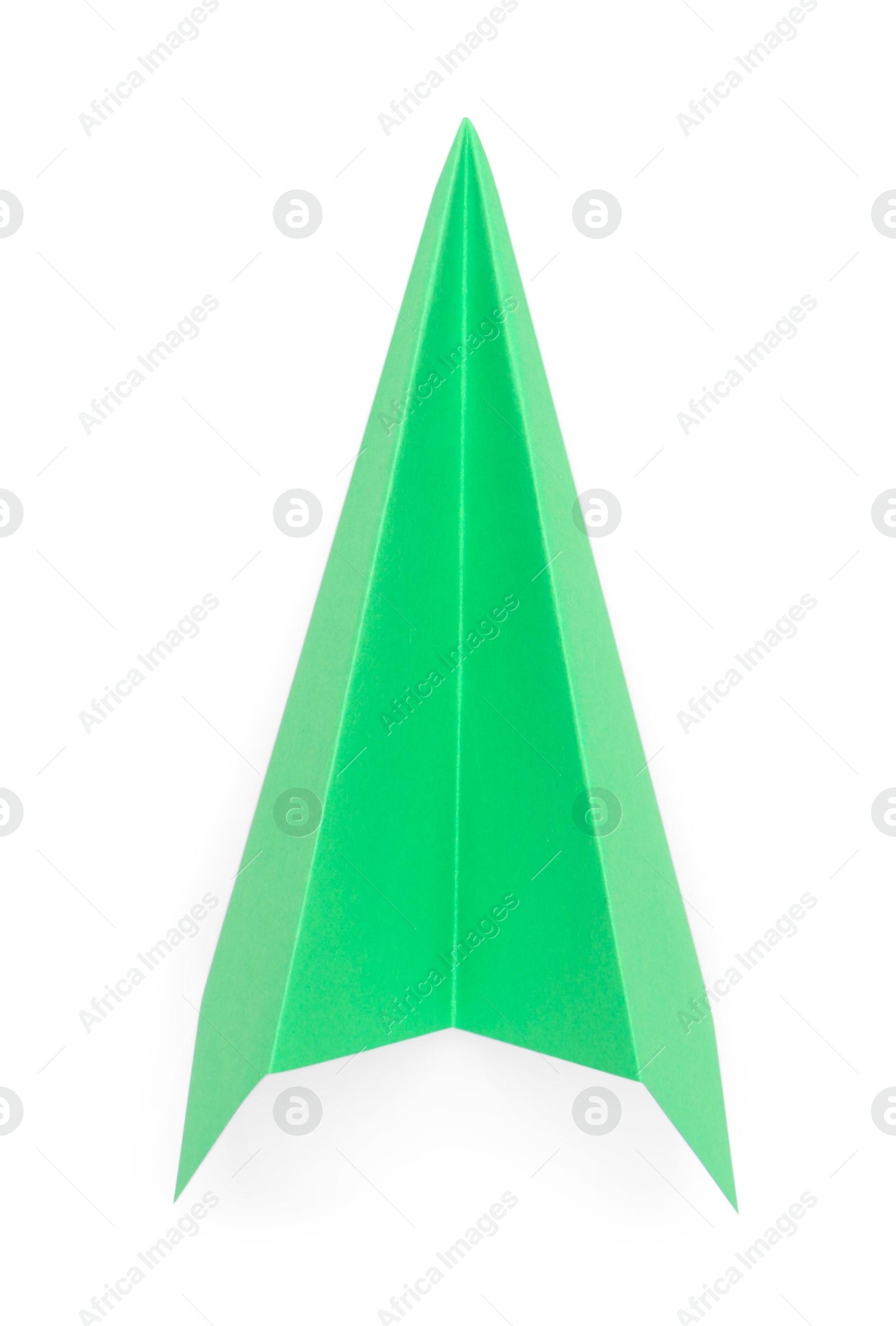 Photo of One handmade green paper plane isolated on white, top view