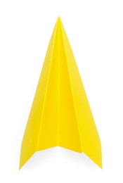 One handmade yellow paper plane isolated on white, top view