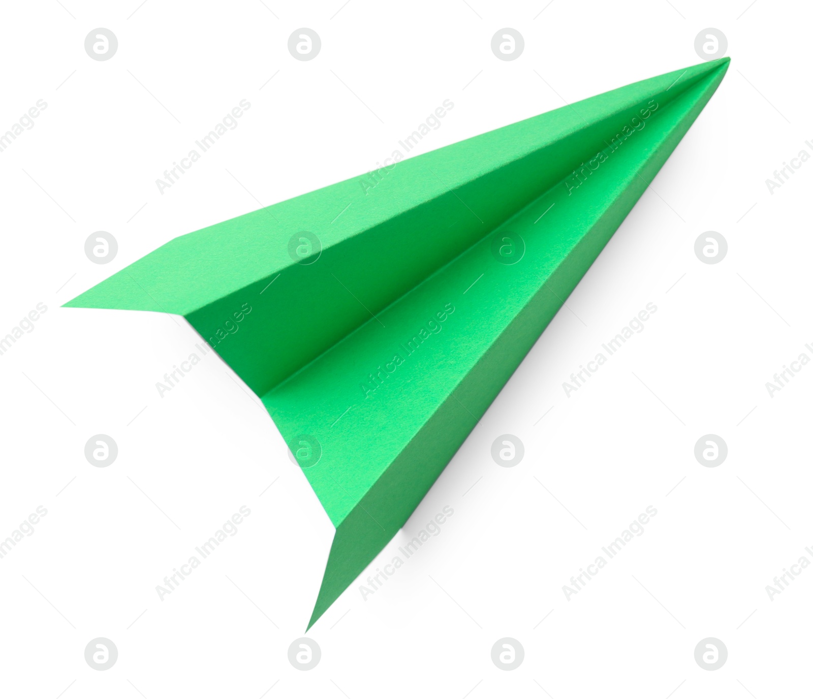 Photo of One handmade green paper plane isolated on white, top view