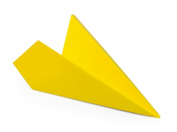 Photo of One handmade yellow paper plane isolated on white