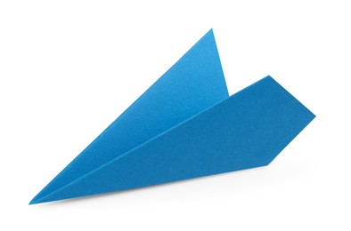 One handmade light blue paper plane isolated on white