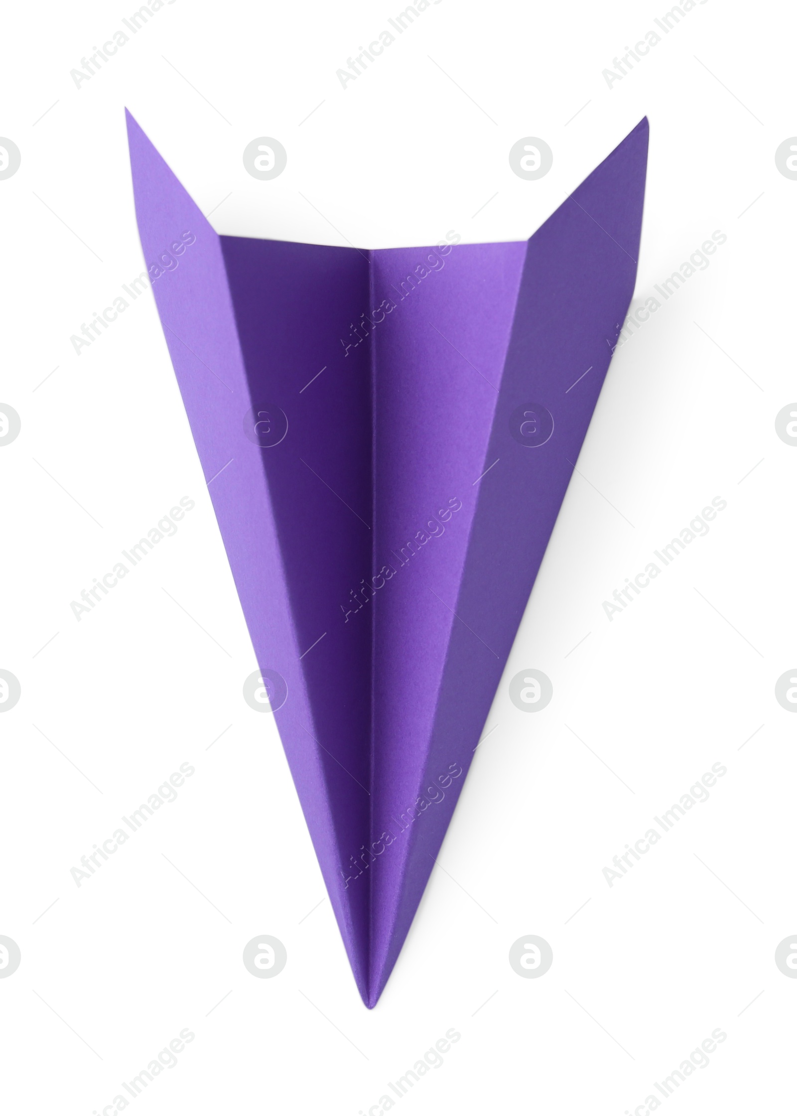 Photo of One handmade purple paper plane isolated on white, top view