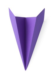 One handmade purple paper plane isolated on white, top view