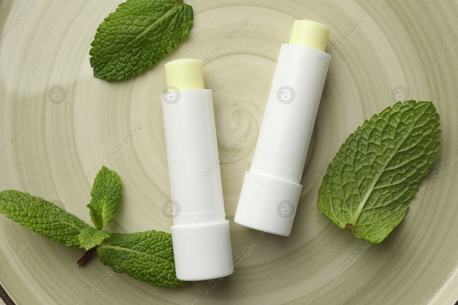 Photo of Mint lip balms and green leaves on plate, flat lay. Cosmetic product