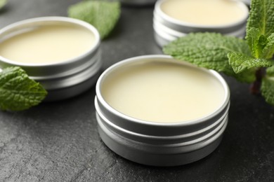 Photo of Mint lip balms and green leaves on black table, closeup. Cosmetic product