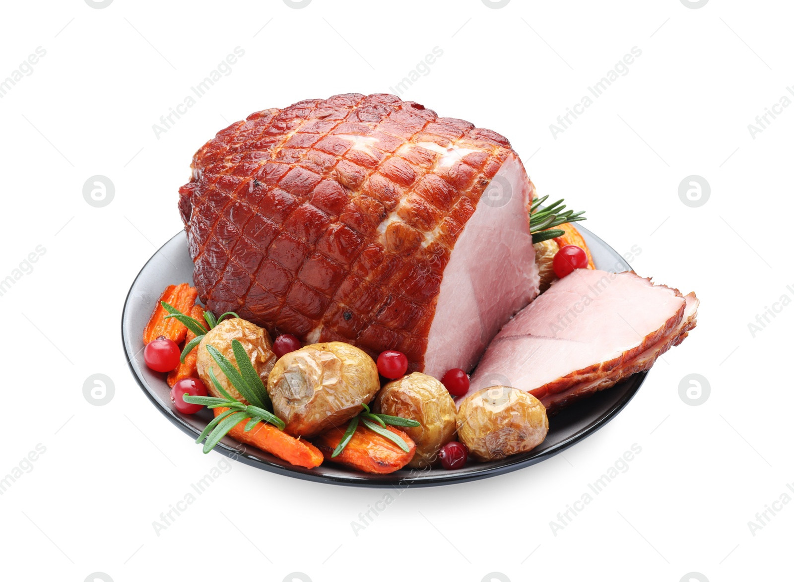 Photo of Christmas food. Tasty baked ham, vegetables and mushrooms isolated on white