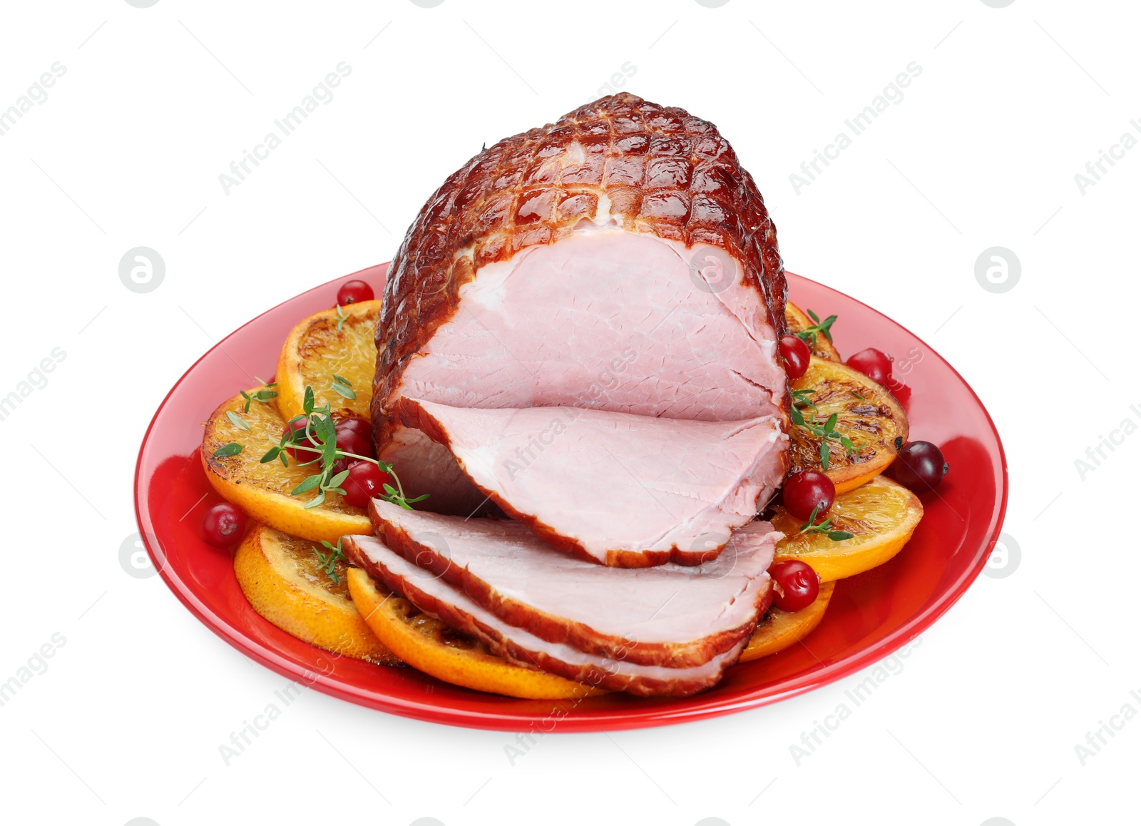 Photo of Tasty baked ham, cranberries and oranges isolated on white