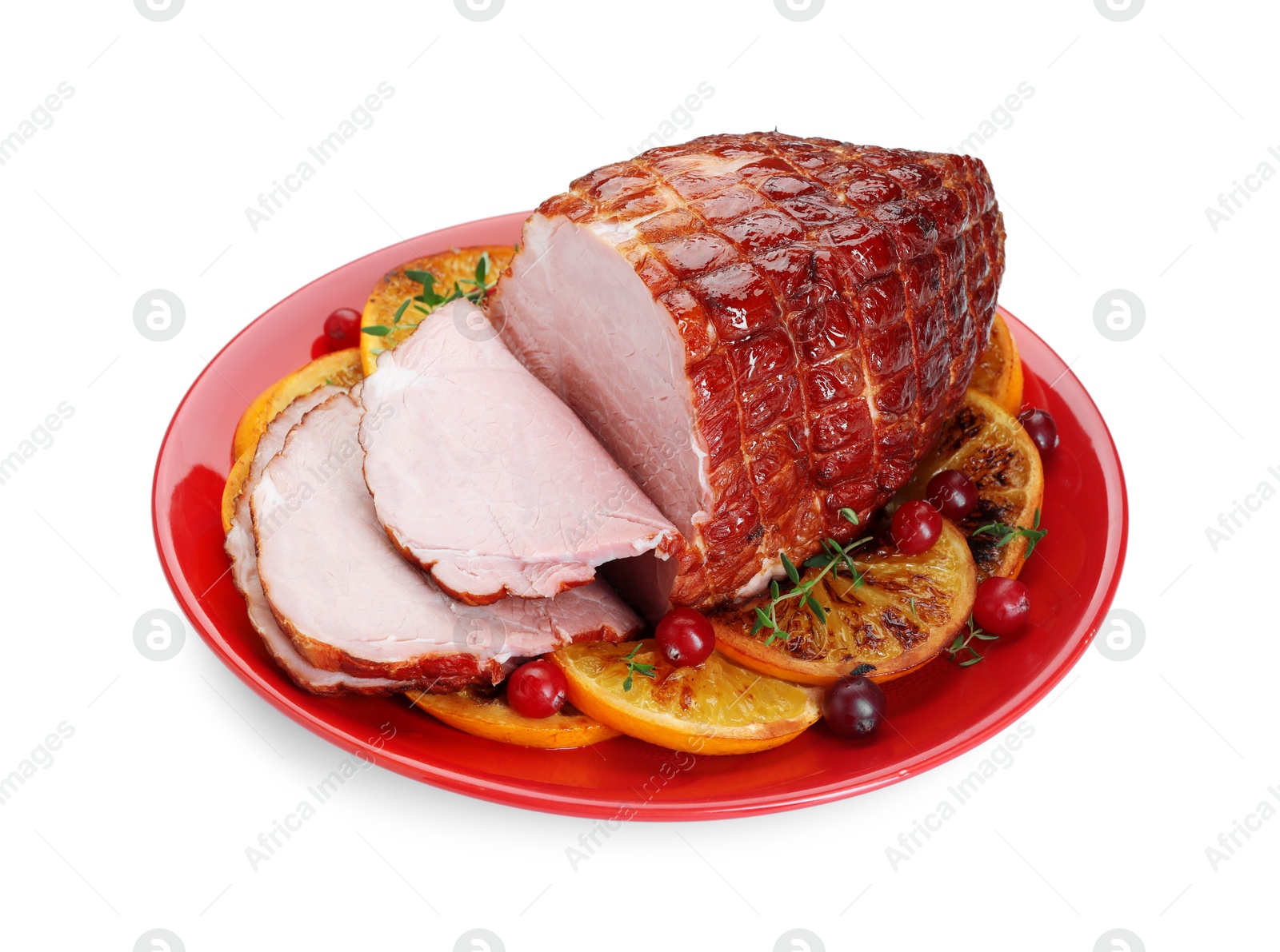 Photo of Tasty baked ham, cranberries and oranges isolated on white